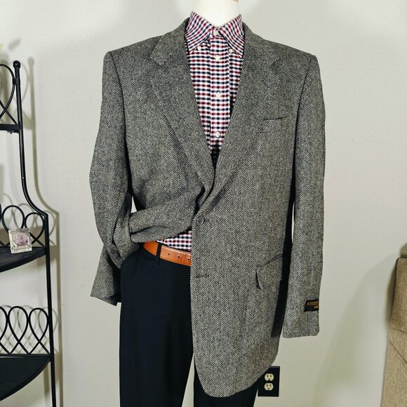 Monsieur Adolfo Men's‎ Tweed Sport Coat Blazer Two Button Gray Herringbone 46L - Picture 1 of 14